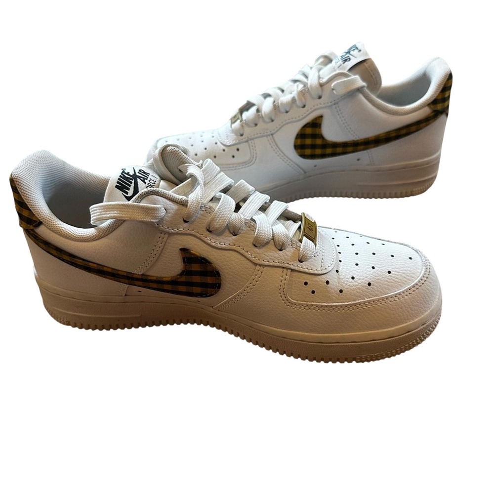 Nike Air Force 1 White With Plaid Yellow and Black Logo‎ Womens Size 7